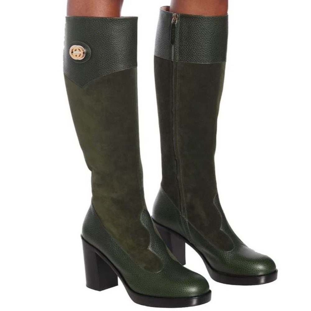 GUCCI Green Leather knee-high boots new in box